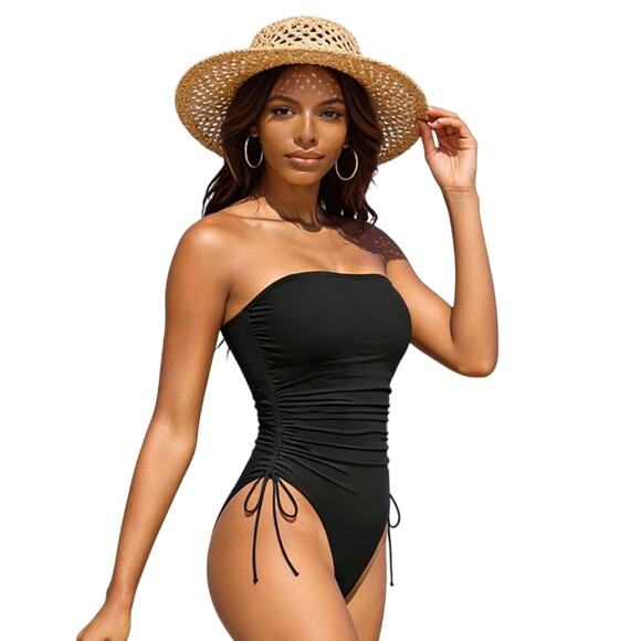 Younique Other - Yoniqe Women Black Strapless 1 Piece Swimsuit Ruched Tummy Control XS Cheeky Tie